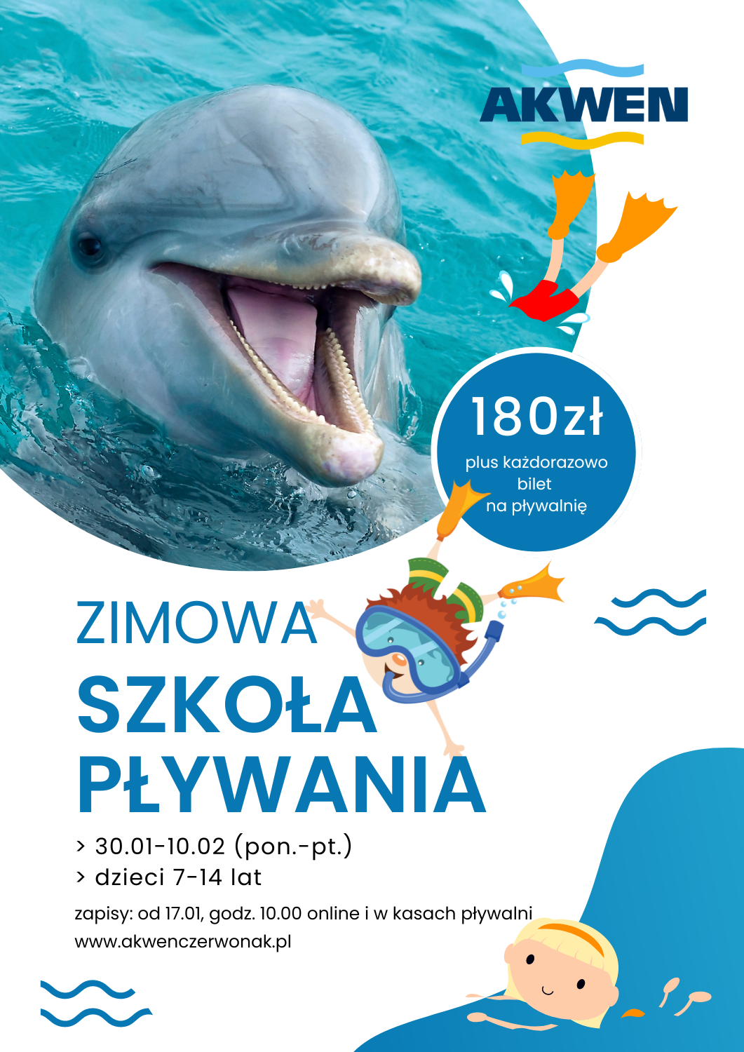 Grafika z nazwą wydarzenia: Zimowa Szkoła Pływania i podstawowymi informacjami z wpisu plus zdjęcie delfina i rysunki  pływających dzieci 