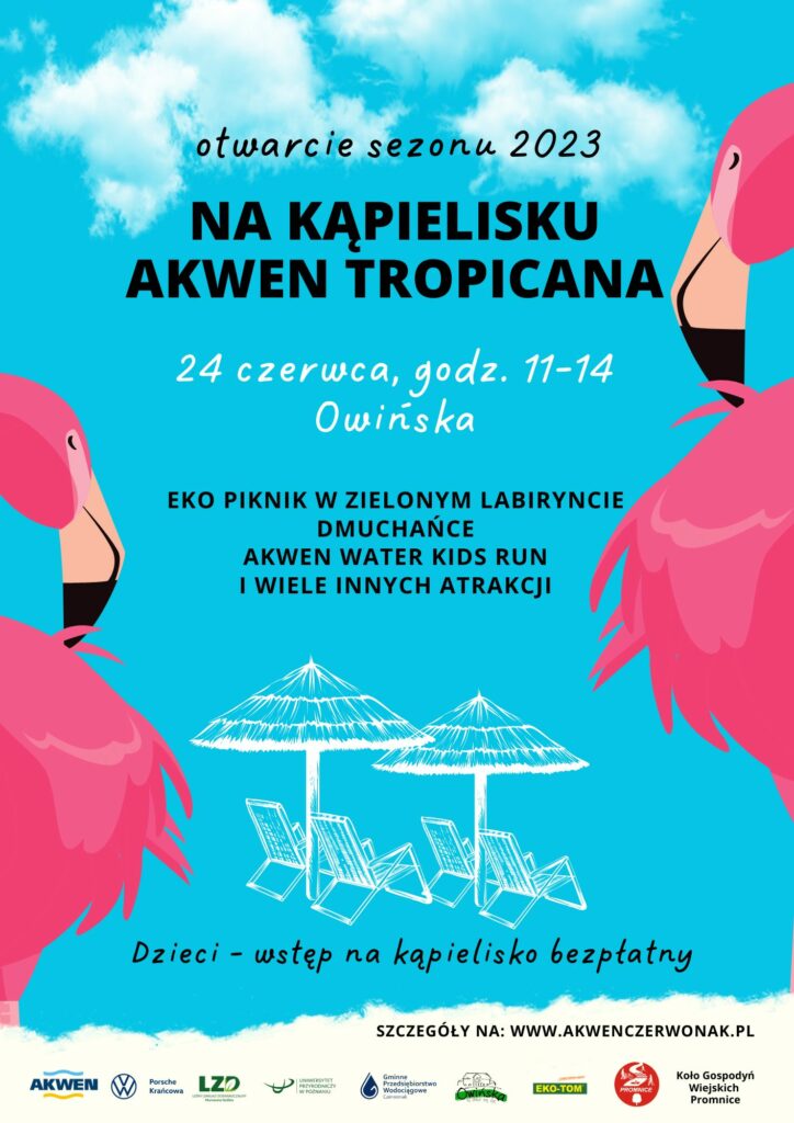 plakat ilustrujący wpis z dwoma flamingami i parasolami i leżakami