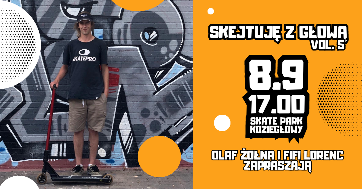 plakat, chłopiec z hulajnogą na tle ściany z grafiti, nazwa wydarzenia i data